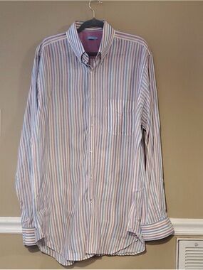 J. McLaughlin Men's Stripe Button-Down Shirt - White with Blue & Pink Stripes